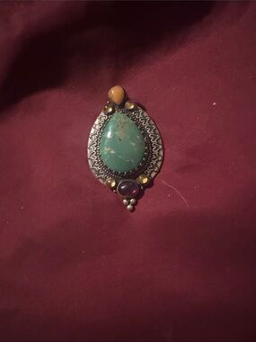 Turquoise Teardrop Silver-Tone Brooch with Multi-Stone Accents